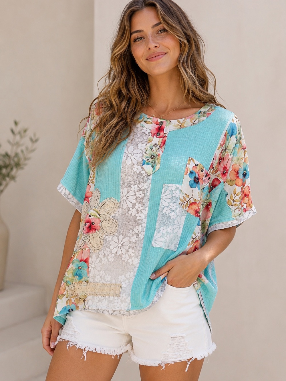 POL Floral Patchwork Tunic in Aqua, Coral, Cream